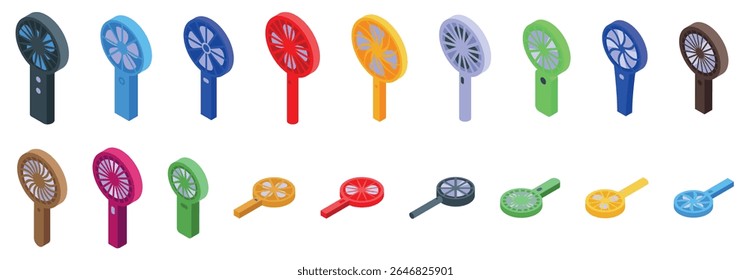 Electric hand fan icons set. Portable fans offering a refreshing breeze, ideal for staying cool on the go during hot summer days