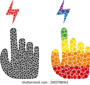 Electric hand mosaic icon of round dots in different sizes and rainbow colored shades. A dotted LGBT-colored electric hand for lesbians, gays, bisexuals, and transgenders.