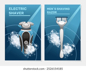 Afiche de afeitadora eléctrica y de mano con un diseño elegante, efectos de burbujas de salpicaduras de agua y azul moderno. Ideal para promocionar productos de aseo masculino o marcas de cuidado personal. Ilustración vectorial.