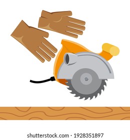 Electric hand saw and gloves on white background, vector illustration