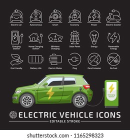 Electric hatchback city car vector mockup with charging station on a black background with electricity vehicle editable stroke thin line icon set.