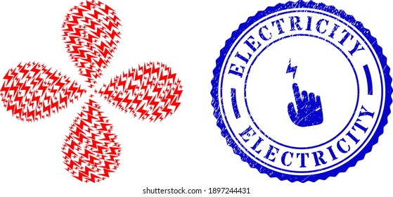 Electric hazard rotation flower cluster, and blue round ELECTRICITY grunge badge with icon inside. Object cluster combined from oriented electric hazard items. Vector flower collage in flat style.