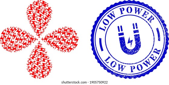 Electric hazard swirl flower cluster, and blue round LOW POWER textured stamp with icon inside. Object flower with 4 petals done from oriented electric hazard items.