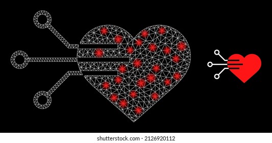 Electric heart icon and bright mesh electric heart model with magic light spots. Illuminated model is done from electric heart vector icon and polygonal mesh. Illuminated carcass electric heart,