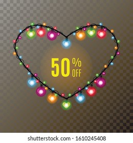 Electric heart on dark background. Valentine day sale banner. Vector icon. Transparent light illustration. Neon frame sign. Glow love concept.