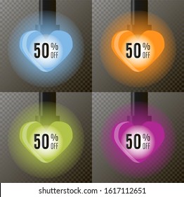 Electric heart on dark background. Valentine day sale banner. Vector icons set. Transparent light illustration. Neon frame sign. Glow love concept.