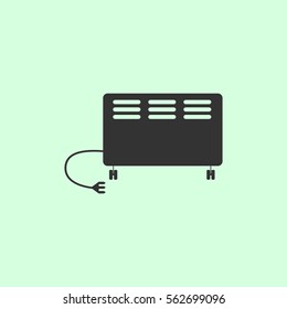 Electric heater icon flat. Grey vector symbol on green background