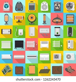 Electric heater icon set. Flat set of electric heater vector icons for web design