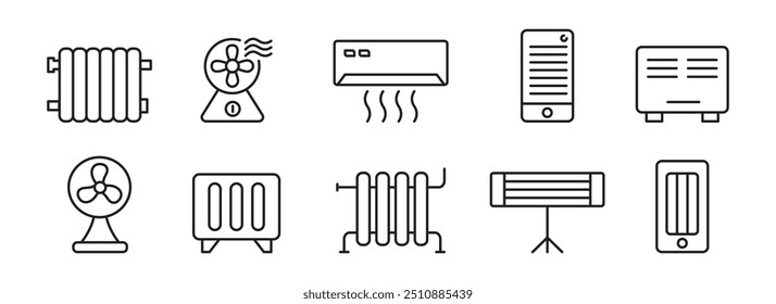 Conjunto de iconos de calentador eléctrico. Calefacción de hogar, radiador, acondicionador, ventilador. Vector.