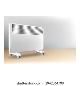 Electric Heater Mobile Tool Promo Poster Vector. Electrical Heater House Or Office Portable Equipment For Warm Temperature Creative Advertising Marketing Banner. Colored Concept Layout Illustration