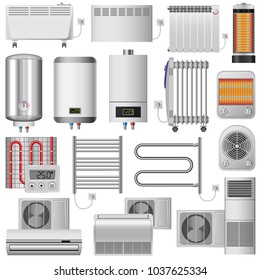 electric heater radiator mockup set. Realistic illustration of 16 electric heater radiator mockups for web