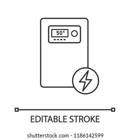 Electric heating boiler linear icon. House central heater. Thin line illustration. Heating system. Contour symbol. Vector isolated outline drawing. Editable stroke