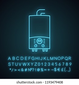 Electric heating boiler neon light icon. House central heater. Heating system. Glowing sign with alphabet, numbers and symbols. Vector isolated illustration