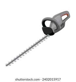 Electric hedge trimmer of realistic style isolated on white. Vector picture of grey and black colors for gardening tools and brush cutting illustration, technical graphic design, print.