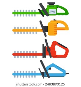Electric hedge trimmers vector cartoon set isolated on a white background.