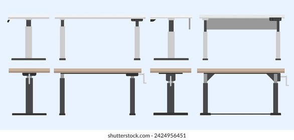 Electric height adjustable standing desk, Manual adjustable standing desk, Front view of modern worktables, Side view of working desk, Workplace and working space concept.