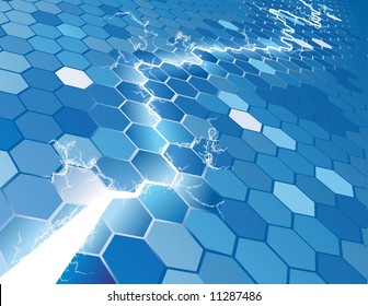 An electric hexagon background concept with lightning jumping across, arcing and lighting up hexagons