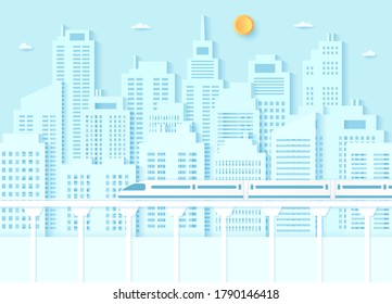 Electric high-speed train, transportation, Cityscape, buildings with blue sky and sun, paper art style