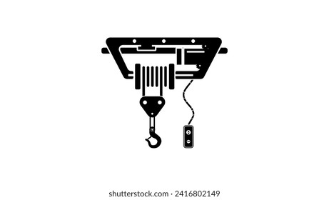 Electric hoist crane emblem, black isolated silhouette