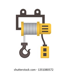 Electric hoist crane vector icon. And remote control, motor, steel rope or wire or cable, wheel. Lifting equipment for mounted on girder, bridge, gantry, overhead and jib crane in factory, warehouse.