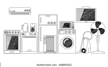 Aparatos Electric House, Ilustración monocromática de vectores. Electrónica Doméstica En Blanco Y Negro. Tecnología de confort. Modern Kitchen Ware: Frigorífico, Horno, Lavavajillas, Acondicionador, Pota, Ventilador