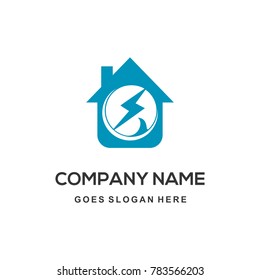 Electric house, Symbol of power and Lightning. Flat Blue Icon Isolated on White Background. Vector illustration.