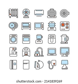 Electric household appliance vector icon set. Home machine and kitchen equipment, air fryer, oven, grill, stove, steamer pot, microwave, fridge. Sign symbol illustration in filled outline, flat line.