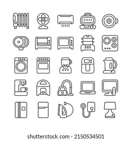 Electric household appliance vector icon set. Home machine and kitchen equipment, air fryer, oven, grill, stove, steamer pot, microwave, fridge. Sign symbol illustration in outline, editable stroke.