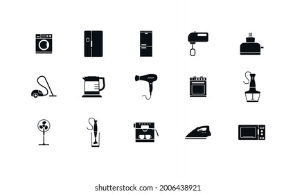 Electric household appliances icons set. Black filled symbols isolated on white transparent background. Vector flat design.