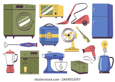 Electric household appliances set. Vector illustration of flat hand drawing of household collection.