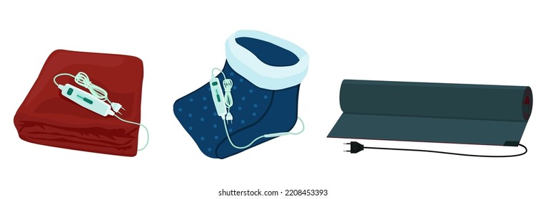 Electric household heaters for the home. Foot warmer with thermostat, floor mat, electric blanket. Vector illustration.