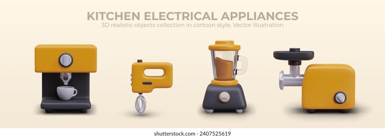 Electric household kitchen appliances in cartoon style. Set of cooking tools. Coffee maker, mixer, blender, meat grinder. Isolated detailed realistic illustrations with shadows