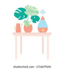 Electric humidifier, household appliance, watering can and a potted plant monstera on the table. Flat cartoon vector illustration on white background.