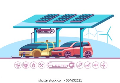 Electric hybrid car charging. Alternative energy concept. Vector flat style illustration.