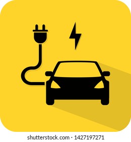 Electric hybrid car charging port station. EV dock. Flat 3D shadow design. yellow background black vector. product brand service label banner board display. App icon.