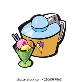 Electric Ice Cream Maker Machine. Kitchen, Desert, Home Appliances. Vector Illustration Isolated On White Background.