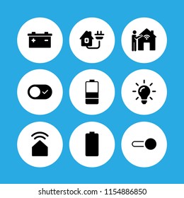electric icon. 9 electric set with battery, switch, light bulb and smart home vector icons for web and mobile app