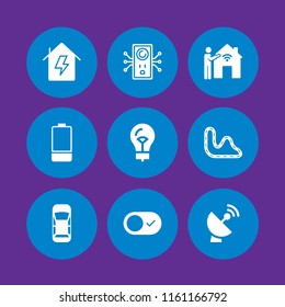 electric icon. 9 electric set with plug, radar, smart home and battery vector icons for web and mobile app