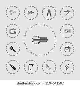Electric icon. collection of 13 electric filled and outline icons such as table lamp, ironing table, concrete mixer, guitar, tv. editable electric icons for web and mobile.