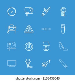 Electric icon. collection of 16 electric outline icons such as blade saw, concrete mixer, table lamp, plug, voltage warning. editable electric icons for web and mobile.