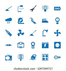 Electric icon. collection of 25 electric filled icons such as iron, cooker, vacuum cleaner, circular saw, tv, arm lever. editable electric icons for web and mobile.