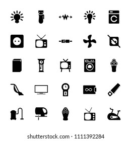 Electric icon. collection of 25 electric filled icons such as washing machine, vacuum cleaner, saw, tv, light bulb, exercise bike. editable electric icons for web and mobile.
