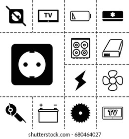 Electric icon. set of 13 filled and outline electric icons such as blade saw, electric saw, plug socket, air conditioner, flash, tv, no plug, cooker, fan, battery