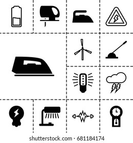 Electric icon. set of 13 filled and outline electric icons such as iron, electric saw, arm lever, bulb, pendulum, mill, voltage warning, thunderstorm, battery, table lamp