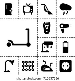 Electric icon. set of 13 filled electric icons such as kick scooter, hair dryer, vacuum cleaner, clean fridge, table lamp, plug socket, thunderstorm, exercise bike, battery