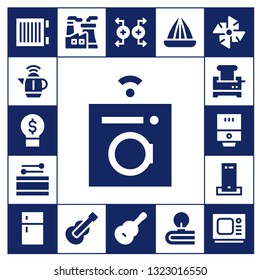 electric icon set. 17 filled electric icons.  Simple modern icons about  - Heater, Kettle, Idea, Washing machine, Drum, Toaster, Water heater, Charger, Fridge, Nuclear plant, Guitar