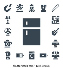 electric icon set. 17 filled electric icons.  Collection Of - Magnetism, Lamp, Windmill, Fridge, Kettle, Nuclear plant, Guitar, Extractor hood, Blender, Electric tower, Full battery