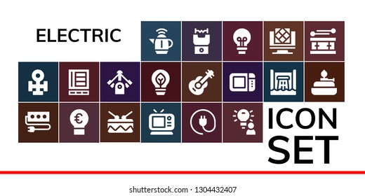 electric icon set. 19 filled electric icons.  Collection Of - Kettle, Copper, Socket, Idea, Drum, Tv, Plug, Refrigerator, Motor, Eco bulb, Guitar, Microwave oven, Hydro power