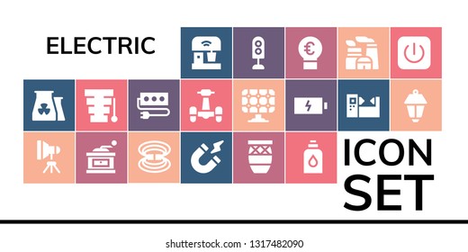 electric icon set. 19 filled electric icons.  Collection Of - Mixer, Nuclear plant, Light, Grinder, Magnetic field, Magnetism, Conga, Conditioner, Xylophone, Socket, Scooter, Solar panel