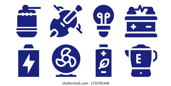 electric icon set. 8 filled electric icons. Included Battery, Drum, Fan, Cello, Lightbulb, Blender icons